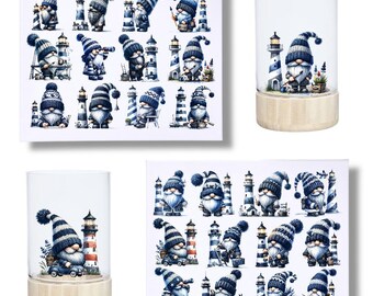 RUB ON Sticker Gnome Blue - Lighthouse, Maritime, A4 Sheet, Borderless Rubons Stickers, Table Decoration, Rubon Stickers