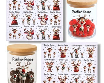 Rub-on stickers - reindeer noses - reindeer farts, small motifs, storage jar, chocolates, Christmas