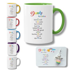 Tasse Erzieherin Danke Geschenkset, Keramiktasse 330ml mit Spruch in 6 Farben, Schutzengel-Kärtchen,  Geschenk Abschied Kindergarten Kita