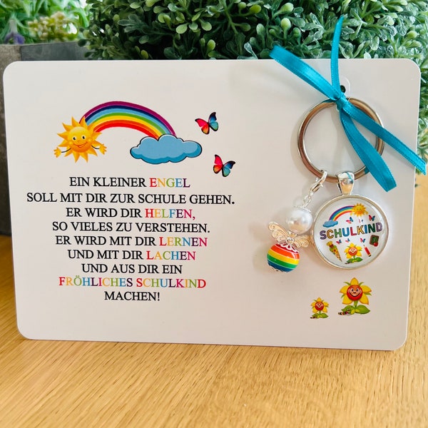 Einschulung Geschenk SCHULKIND 2024 Schultüte Schutzengel Zuckertüte Karte Mutmacher Geschenk Glücksbringer Schlüsselanhänger