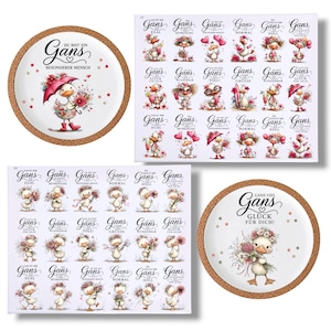 Könnte beinhalten: Zwei runde Untersetzer mit Korkrücken und zwei rechteckige Aufkleberbögen mit Illustrationen von Gänsen mit floralen Akzenten und deutschem Text, darunter Phrasen wie "Du bist ein Gans besonderer Mensch" und "Gans viel Glück für dich."