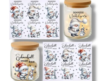 Rub-on stickers - Sweet elf greetings - Snowball fight in a jar - Elves, storage jar, sayings, give as gifts, Christmas