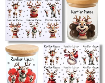 Rub-on stickers - reindeer noses - reindeer farts, storage jar, sayings, gift, chocolates, Christmas