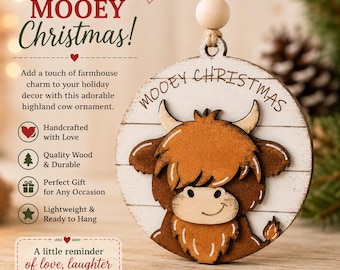 Adorno de madera de vaca de las Tierras Altas / Decoración rústica de granja para el árbol de Navidad