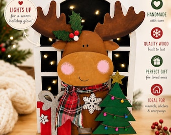 Lighted Wooden Moose Shelf Sitter, Rustic Woodland Christmas Decor, 12 Inch Holiday Accent