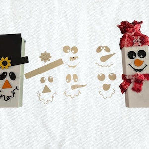 Laser Cut Scarecrow & Snowman Faces: DIY Wood Block Fall/Winter Decor (Set of 5)