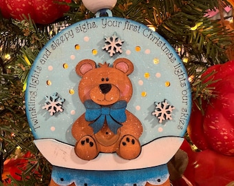 Baby's First Christmas Ornament: Wooden Snow Globe with Teddy Bear, Lighted Keepsake