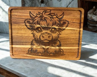 Baby Highland Cow Charcuterie Board – Laser Engraved Wooden Cheese Board, Farmhouse Serving Board, Cute Cow Gift