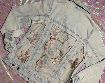 Libellen-Sequin-Spitzen-Jeansjacke im Vintage-Stil