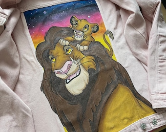 Mufasa et Simba Le Roi Lion veste en jean de style vintage surdimensionnee peinte a la main