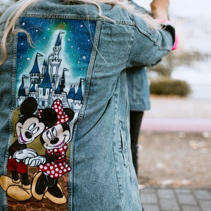 Minnie and Mickey Mouse with Castle  painted oversize vintage style denim jacket