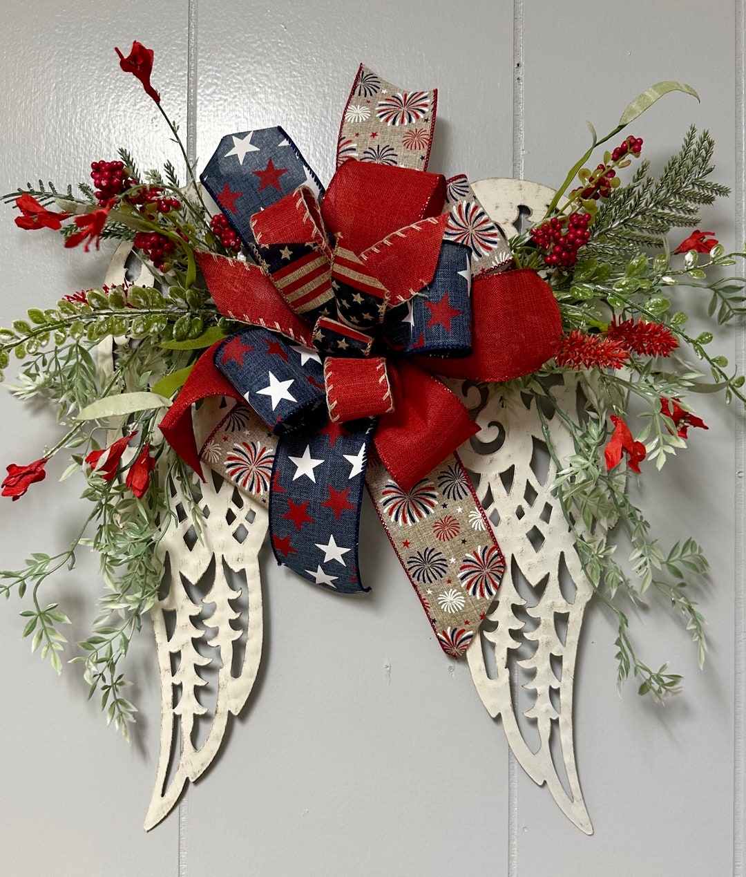 18 Patriotic Rustic White Angel Wings Door or Wall Wreath Etsy