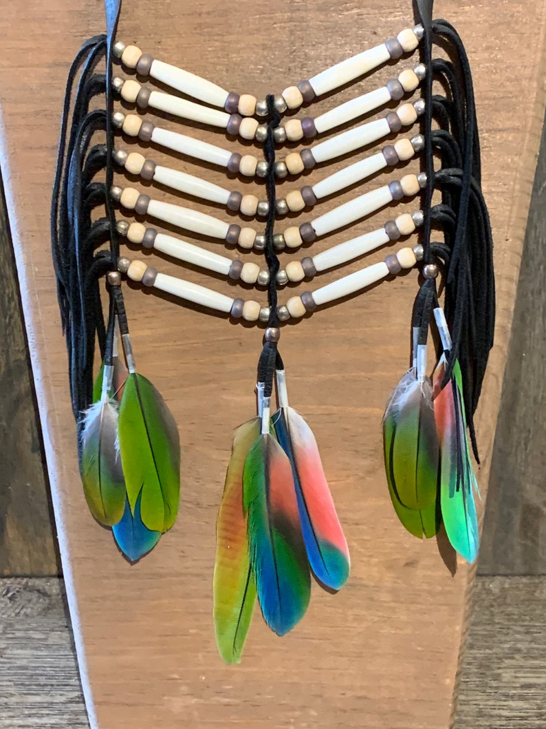 unique Breast Plate Necklace macaw feathers wearable art Indigenous handmade one of a kind