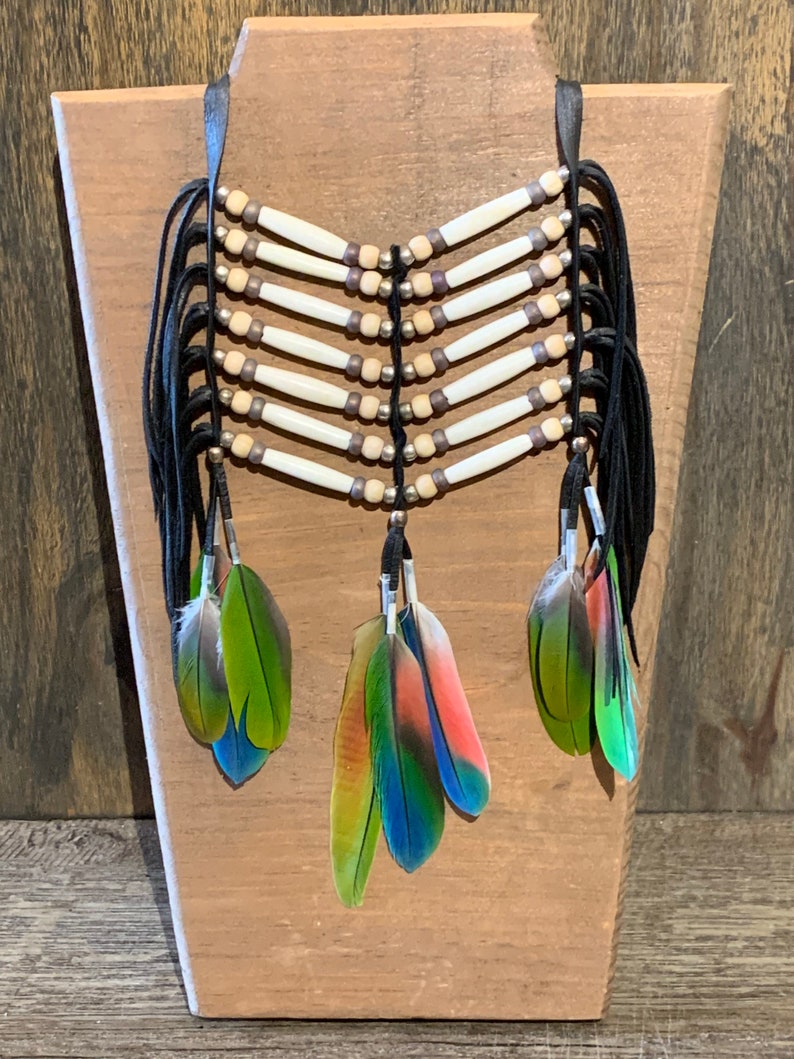 unique Breast Plate Necklace macaw feathers wearable art Indigenous handmade one of a kind