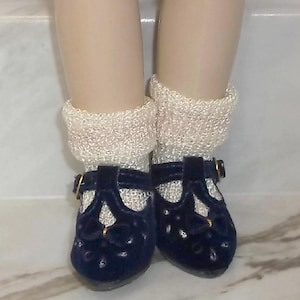 DOLL SHOES VELVETEEN Blue T-Strap 2&quot; Cute for Textile, Porcelain, Troll, Vinyl dolls U.S. Seller