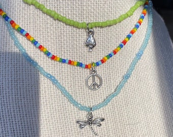 Hippie Beaded Necklaces, Funky Retro seed bead necklaces, Beaded Charm Necklaces, Beaded Necklace with Silver Charm