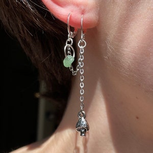 Crystal Chain Earring set for double pierced ears, crystal chain dangle earring set with dainty silver charm