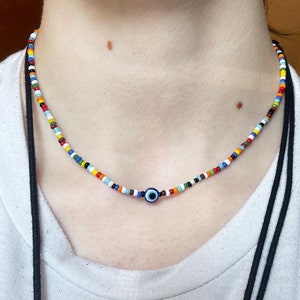 Hippie Seed Bead Evil Eye Choker, Minimalist Colorful Seed Bead Necklace, Multicolor Evil Eye Choker, Simple Hippie Jewelry, Indie Necklace