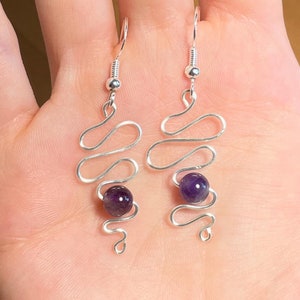 Squiggle Abstract Crystal Earrings, Custom funky squiggle gemstone dangle earrings, Squiggle wire earrings with round crystal accent