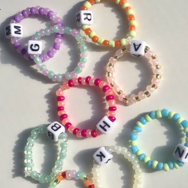 Beaded Letter Rings, Initial Rings, Pearl Beaded Rings, Elastic Rings, Friendship Rings, Rainbow Beaded Rings, Seed bead rings, Aesthetic