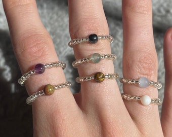 Buy 2 GET ONE FREE Crystal Beaded Rings, Clear seed bead rings with accent crystal, Stretch Ring, Dainty Beaded Crystal Ring