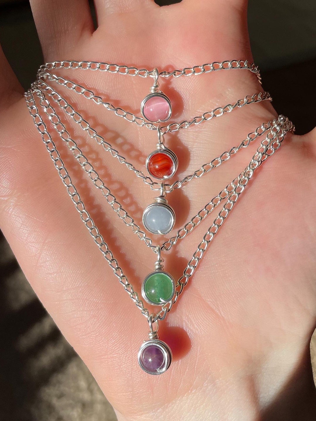 Dainty Silver Wire Wrapped Gemstone Necklace, Mini Wire Wrapped Stone