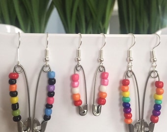 Custom Beaded Safety Pin Earrings, Indie Recycled Safety Pin Earrings, Aesthetic Earrings, Custom Earrings, Custom Pride Safety Pin Earrings