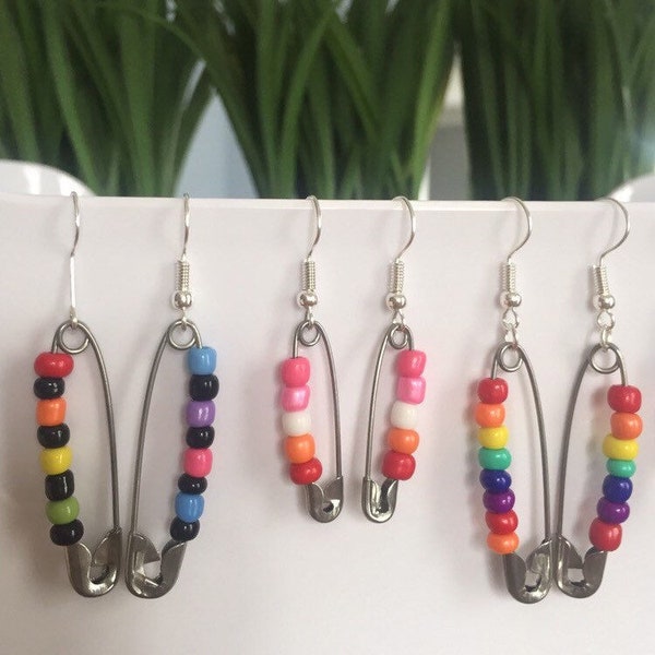 Custom Beaded Safety Pin Earrings, Indie Recycled Safety Pin Earrings, Aesthetic Earrings, Custom Earrings, Custom Pride Safety Pin Earrings