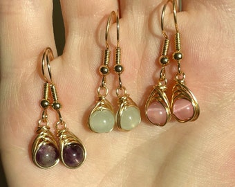 Gold Wire Wrapped Crystal Teardrop Dangles, Dainty Wire Teardrop Earrings, Minimalist Wire Wrapped Dangle Earrings