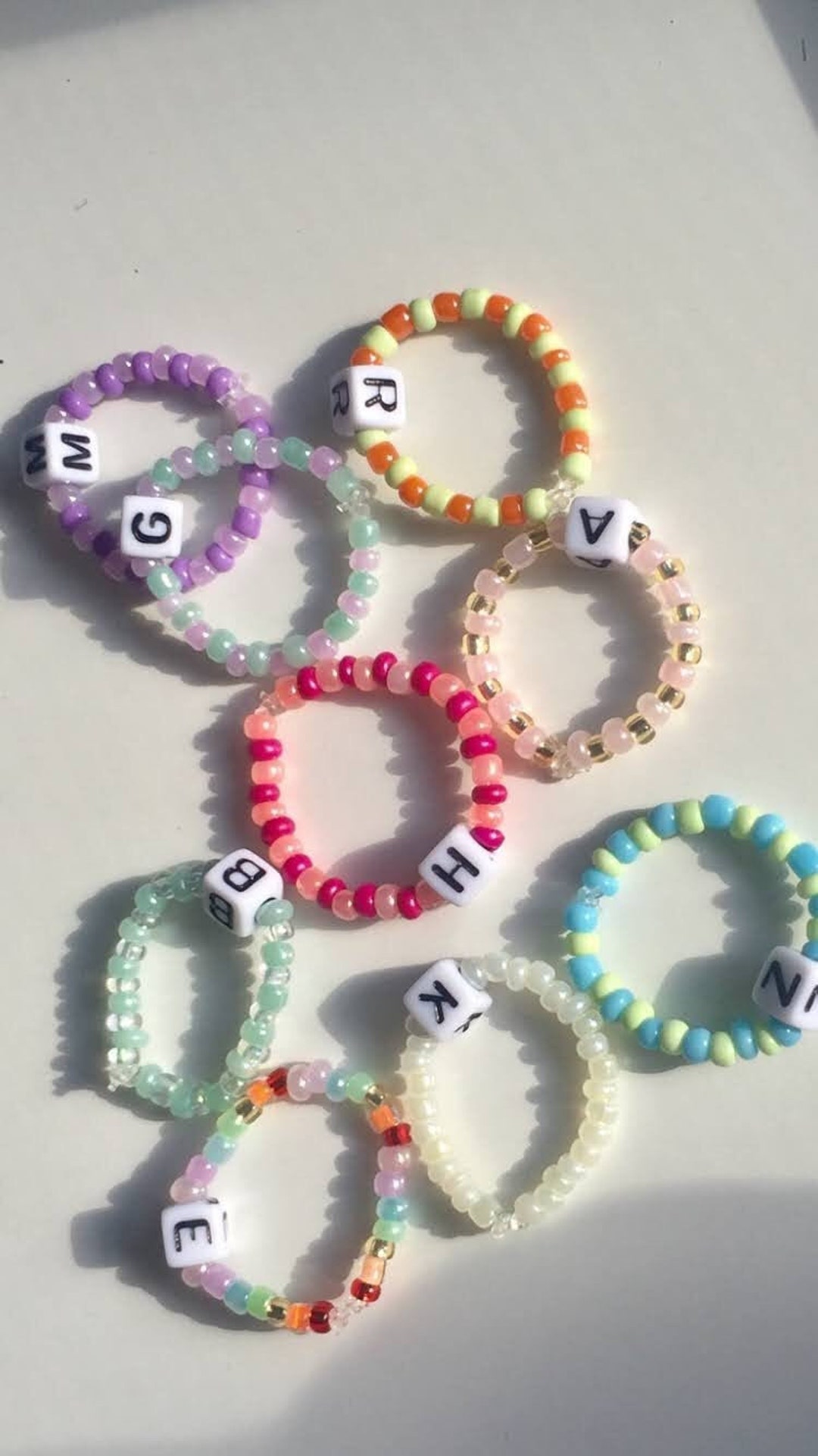 Beaded Letter Rings, Initial Rings, Pearl Beaded Rings, Elastic Rings ...