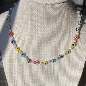 Satin Pearls and Evil Eye Necklace/choker, y2k Colorful Pearl Choker Necklace, Evil Eye Protection Necklace, Vintage and Boho hippie choker