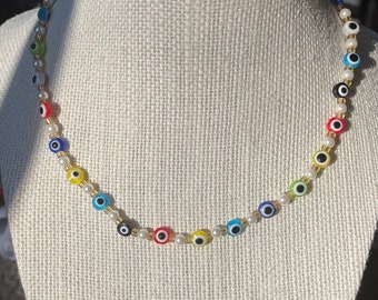 Satin Pearls and Evil Eye Necklace/choker, y2k Colorful Pearl Choker Necklace, Evil Eye Protection Necklace, Vintage and Boho hippie choker