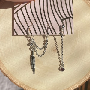 Double Piercing Chain Earring with Feather Charm, Tarnish Resistant silver chain earring set with faceted crystal charm