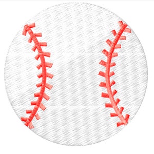 May include: A white baseball with red stitching. The stitching is in a traditional baseball pattern.
