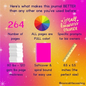 May include: A pink journal with a spiral binding and a colorful wheel on the cover. The journal has 264 pages and is 8.5 by 5.5 inches. The text on the cover says "Small business owner" and "Specific prompts for biz owners".