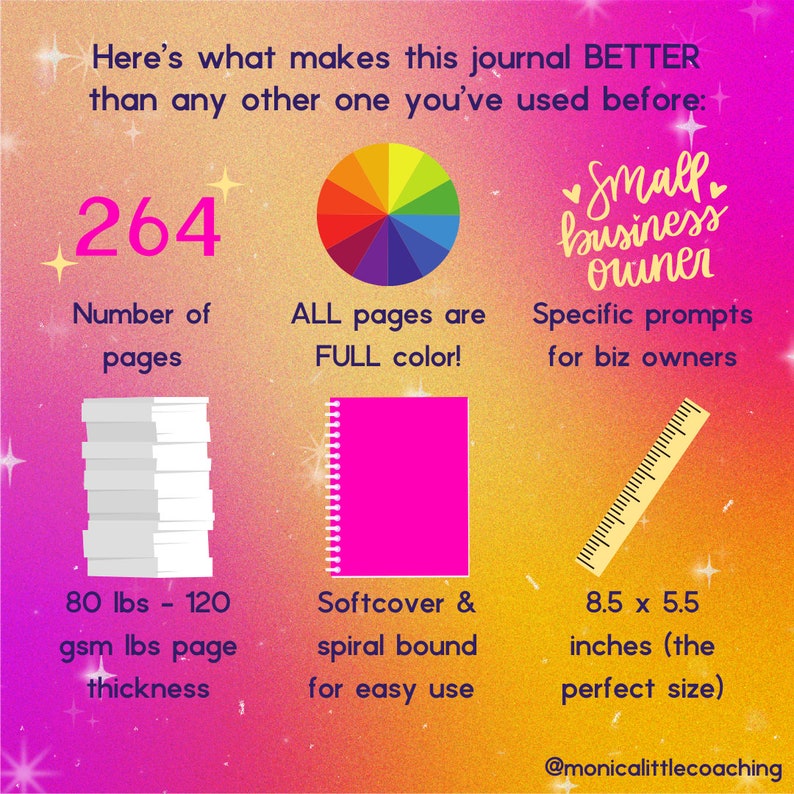May include: A pink journal with a spiral binding and a colorful wheel on the cover. The journal has 264 pages and is 8.5 by 5.5 inches. The text on the cover says "Small business owner" and "Specific prompts for biz owners".
