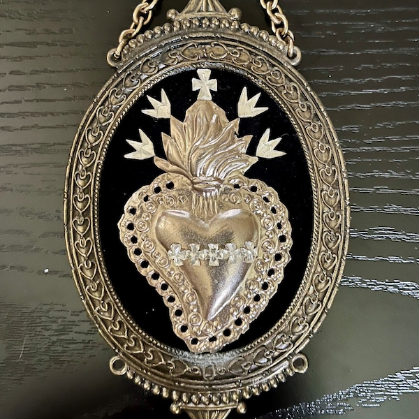Silver Sacred Heart Ex Voto Mounted In Vintage Italian Frame