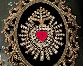 Vintage Framed Bejeweled Sacred Heart