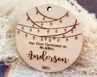 Personalized First Christmas Ornament, Alder Wood Married Ornament