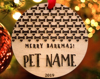 Dog Christmas Tree Ornament, Personalized with Doggos name, Custom Wood Ornament