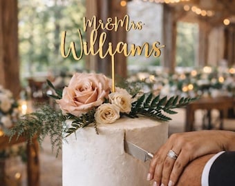 Custom Script Wedding Cake Topper, Hand-Painted Wood Mr & Mrs Name Sign