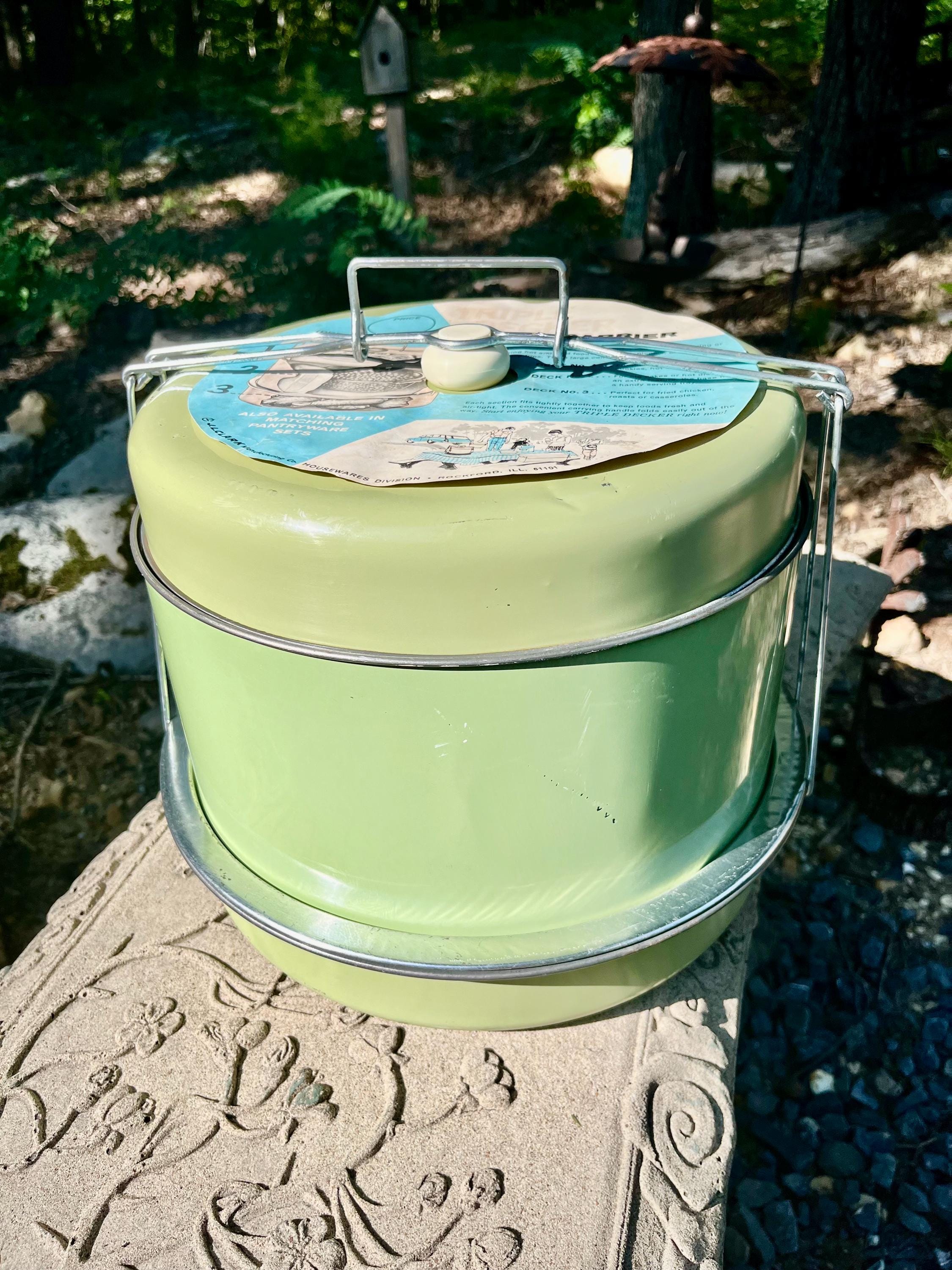 Vintage Triple Decker Food Carrier Green Metal JL Clark Rockford
