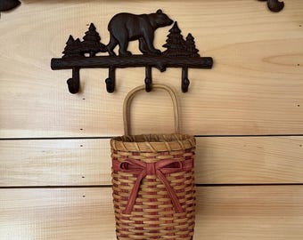 Vintage Wall Pocket Handwoven Basket with Bow Primitive Farmhouse Display Collectible