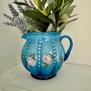 Vintage Fenton Melon Shape Blue Handpainted Pitcher Signed by Artist