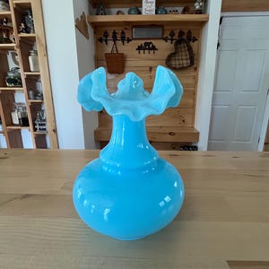 Vintage Fenton Blue Opaque Glass Vase Ruffled Crimped Top Wide Squat Base Collectible Art Glass