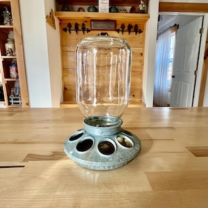 Vintage Galvanized Chick Poultry Feeder with Glass Jar Farmhouse Collectible