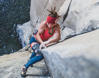 Climber (Barbara - Babsi - Zangerl) free climbing the Nose (changing corners) on El Capitan in Yosemite, California