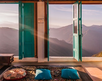 View of mountains with open windows from Yoga Room in La Mojarra, Colombia [photography wall print]