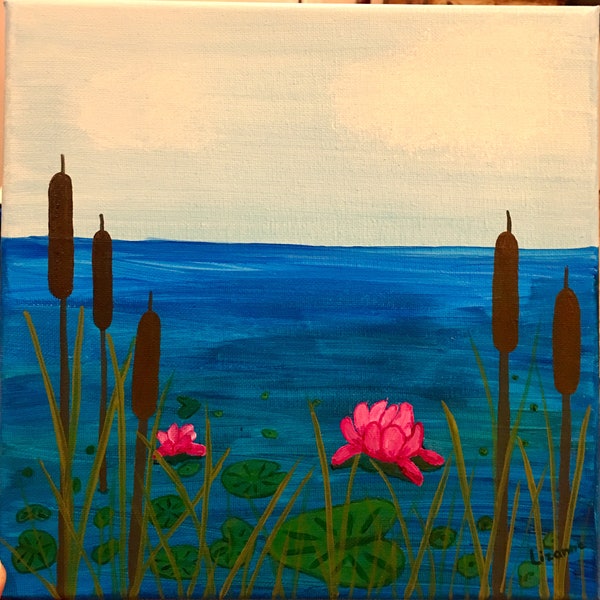 Original Acrylic Cattails & Pink Water Lily Painting