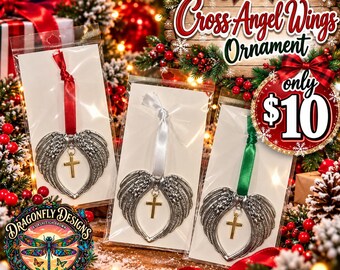May include: Three silver-toned metal ornaments shaped like angel wings forming a heart, each featuring a small gold-toned cross hanging in the center. Each ornament is attached to a satin ribbon in red, white, or green and sealed in plastic.
